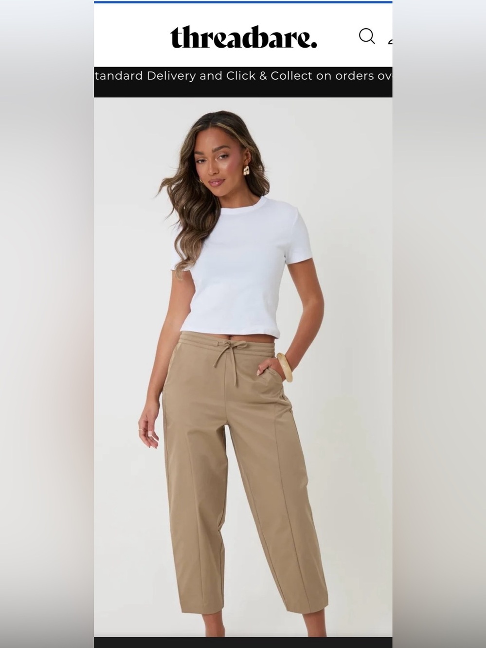 Threadbare White Crewneck Crop Top and Tan Drawstring Pants Set